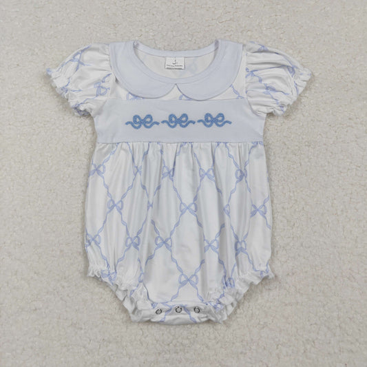 Baby Girl Long Sleeves Embroidery Blue Bows Short Sleeves Romper
