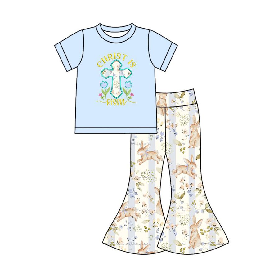 ( Moq 5 ) Preorder Baby Girls Kids Blue Shirt Rabbits Flower Stripes Pants Easter Set Clothes