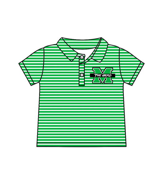 ( Moq 5 ) Baby Boys Short Sleeves Green Stripes M Team Buttons Shirt Tops