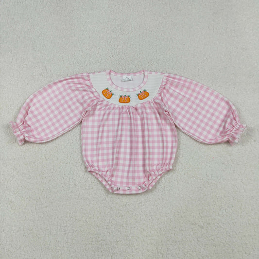 Baby Girl Long Sleeves Embroidery Pumpkin Bows Pink Checked Smocked Romper RTS