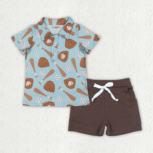 Baby Boys Kids Short Sleeves Baseball Buttons Shirt Brown Pockets Shorts Clothes Set RTS