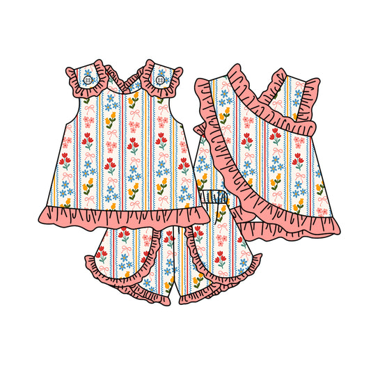 ( Moq 5 ) Preorder Baby Girl Kids Floral Bows Ruffle Tops Shorts Set Summer Clothes