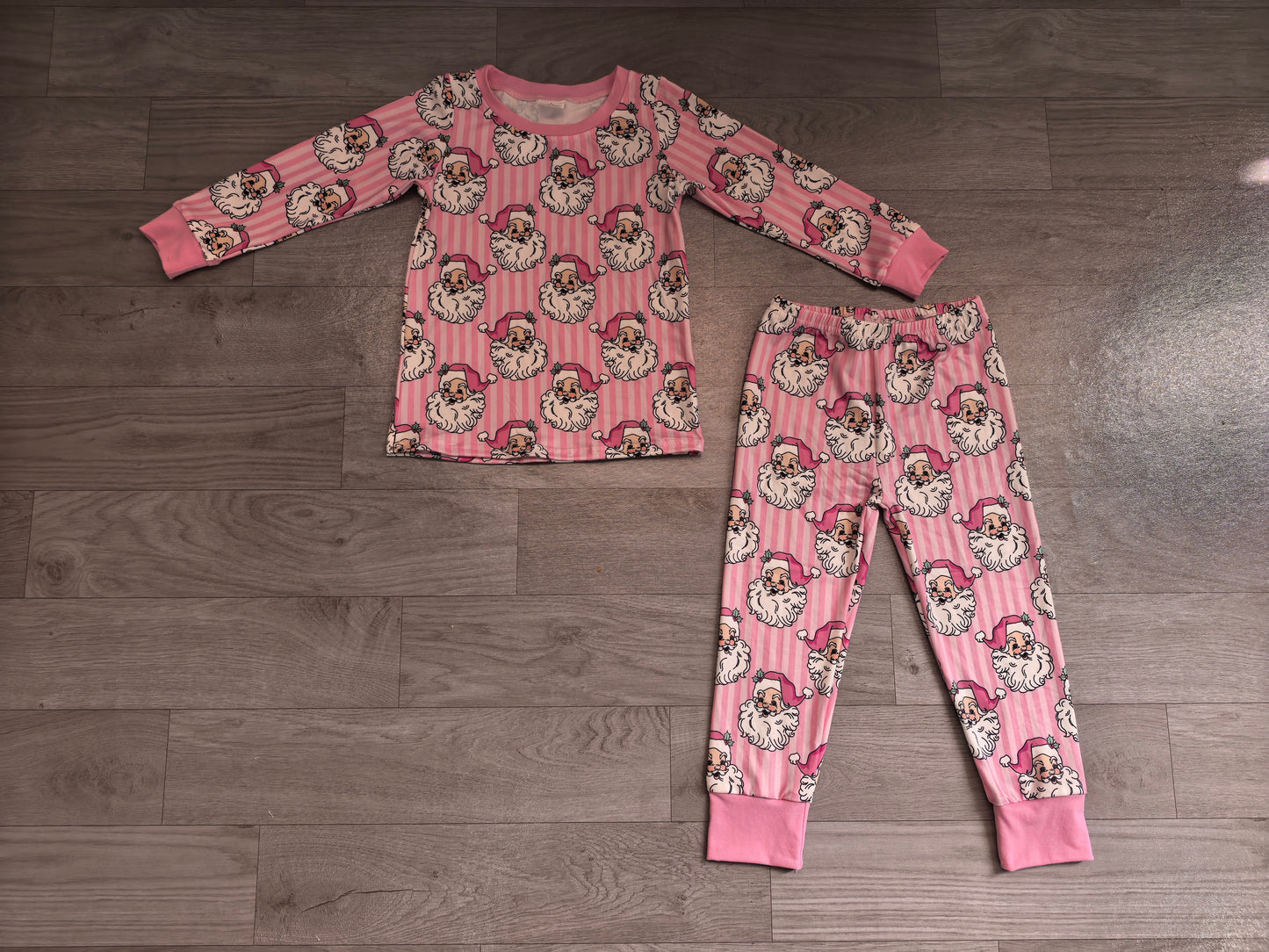 ( No moq ) Preorder Baby Girls Kids Christmas Santa Pink Stripes Shirt Pants Set Pajamas Clothes