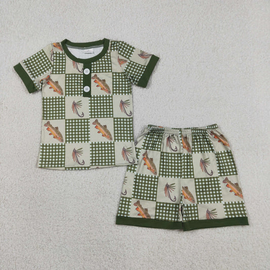 Baby Boys Kids Short Sleeves Fish Plaid Buttons Shirt Shorts Pajamas Set RTS