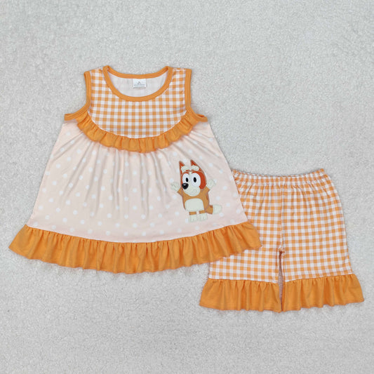 Baby Girls Orange Dots Dogs Tunic Ruffle Shorts Clothes Set RTS