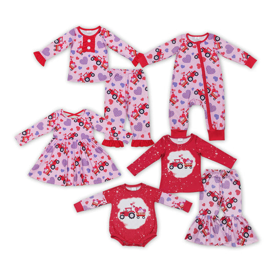 Baby Girl Long Sleeves Valentines Trucks Hearts Sibling Dress Romper Clothes Pajamas Set