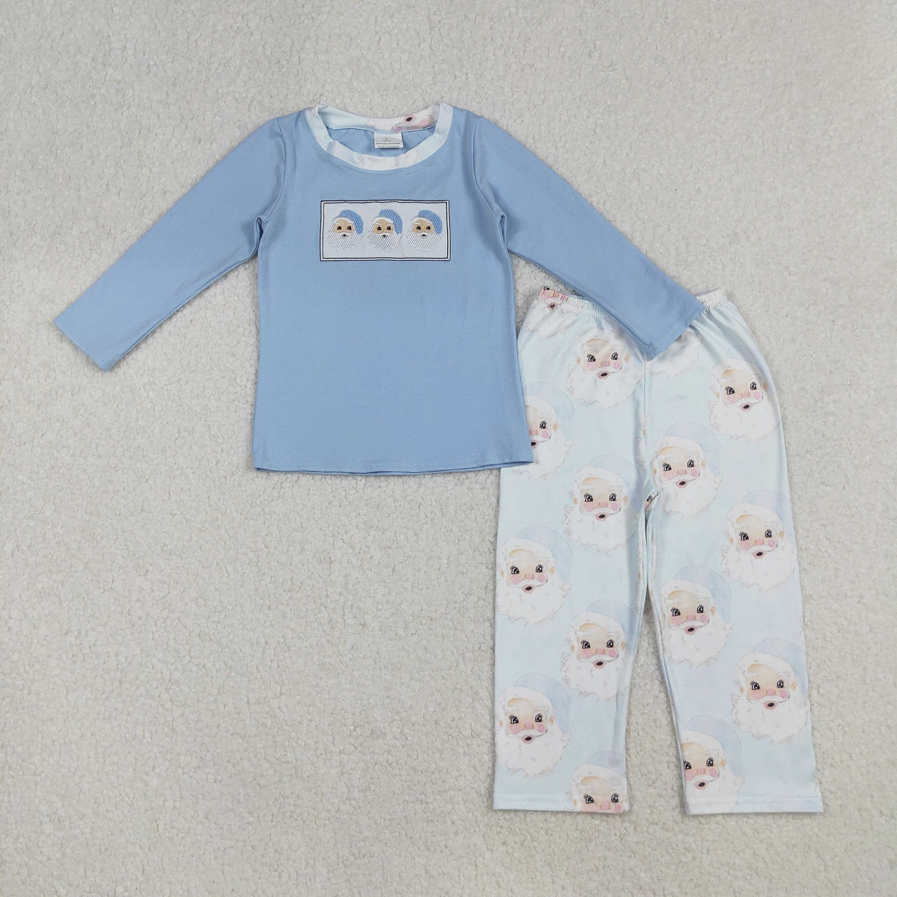 Baby Girl Blue Long Sleeves Christmas Embroidery Santa Tops Ruffle Pants Clothes Set RTS