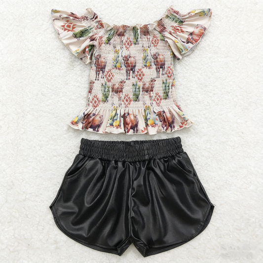 Baby Girl Kids Short Sleeves Cow Cactus Tops Black Leather Shorts Set Western Clothes RTS