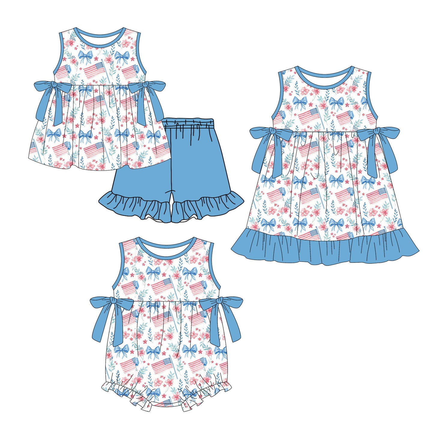 ( Moq 5 Each Style ) Sibling Baby Girls Kids Flags Bows Flower 4th of July Romper Dress Set