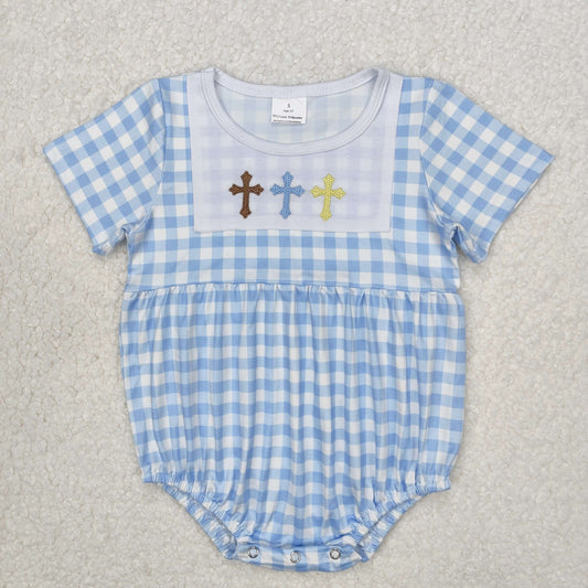 Baby Boy Infant Short Sleeves Embroidery Easter Cross Blue Plaid Romper RTS