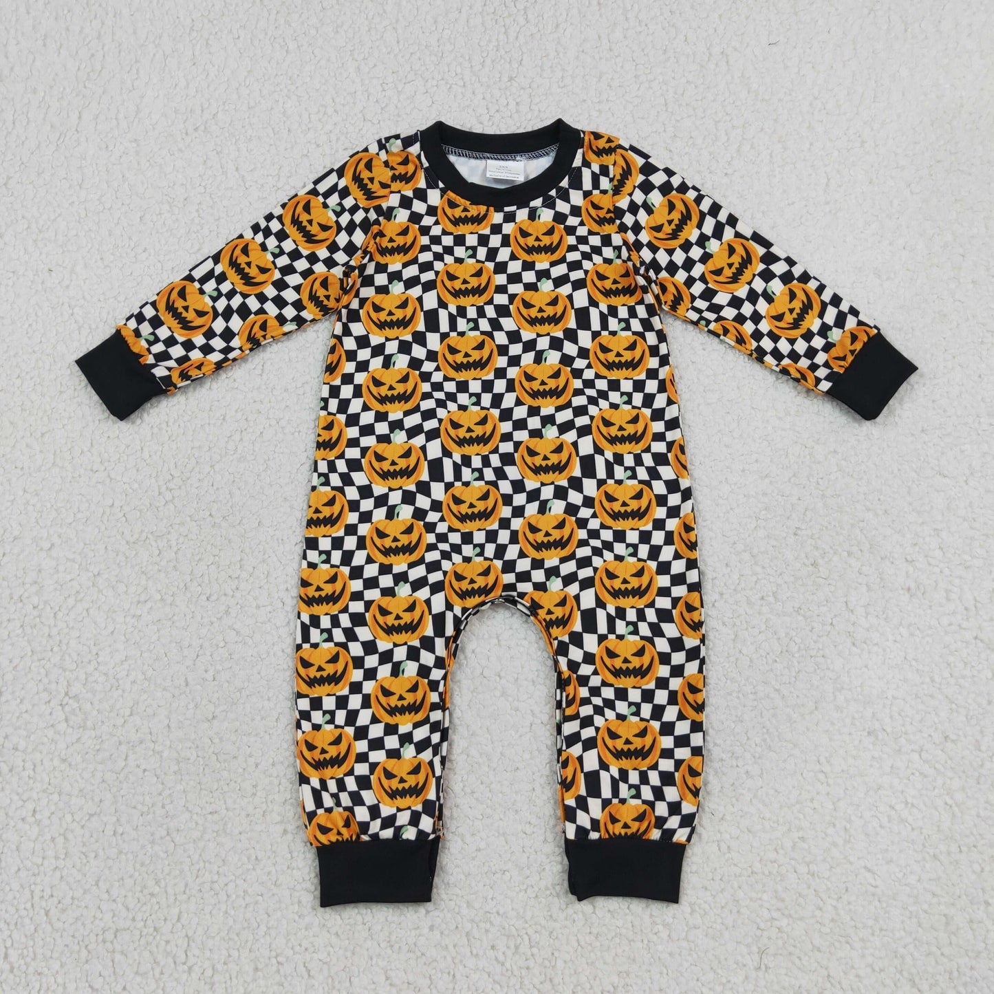 Baby Boys Infant Long Sleeves Halloween Pumpkins Checkered Romper