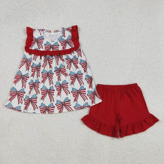 Baby Girl Short Sleeves 4th Of July Bows Tunic Ruffle Shorts Set RTS