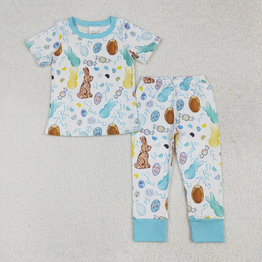 Baby Boy Short Sleeves Easter Rabbits Eggs Shirt Pants Pajamas Set RTS
