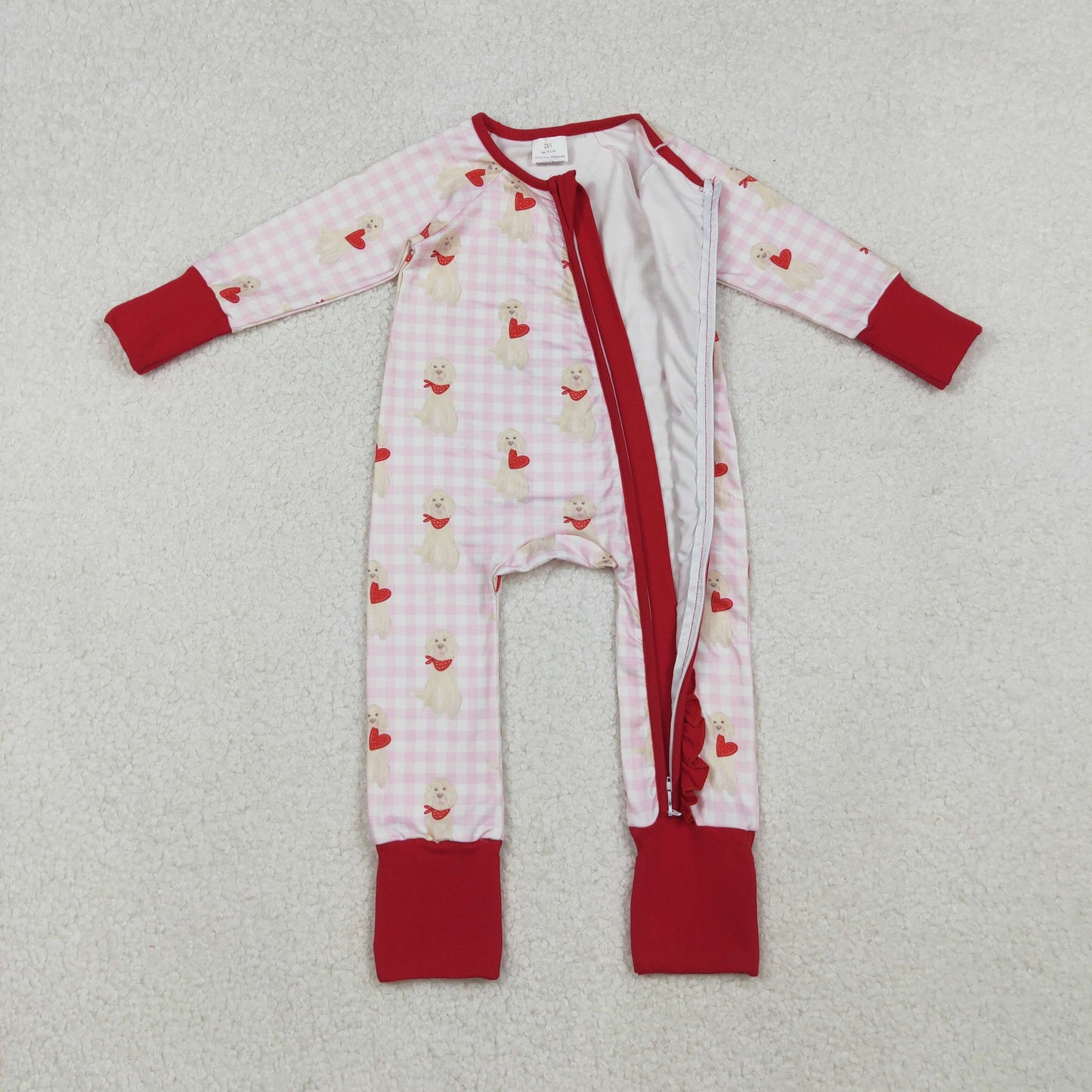 Baby Infant Girls Dogs Hearts Plaid Valentine's Day Zipper Footie Sleeper Romper RTS
