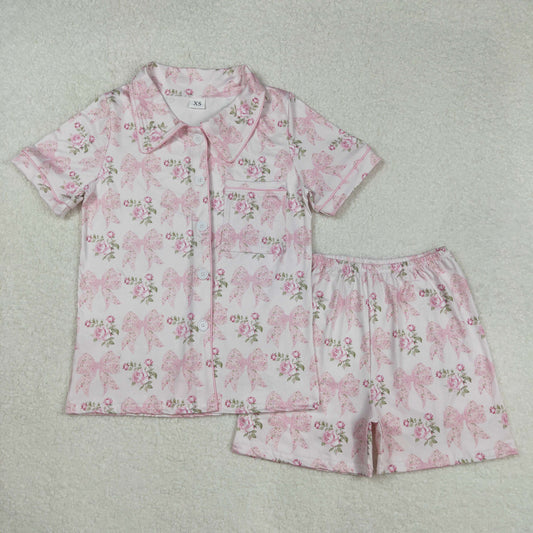 Adult Women Short Sleeves Bows Flower Buttons Shirt Shorts Pajamas Pink Set RTS