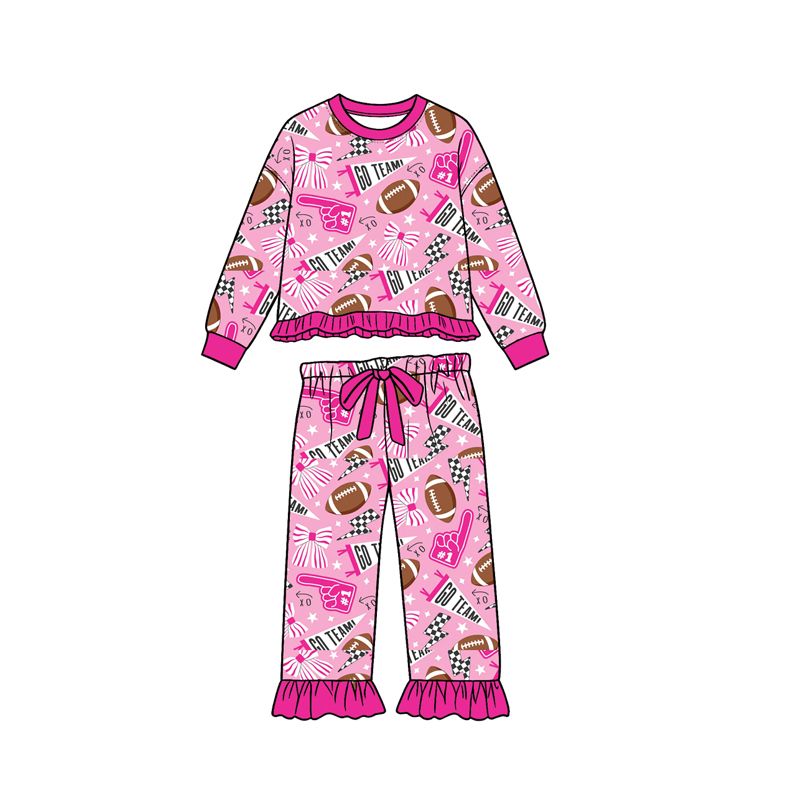( Moq 5 ) Preorder Baby Girls Kids Long Sleeves Football Bows Shirt Pants Pink Set Clothes