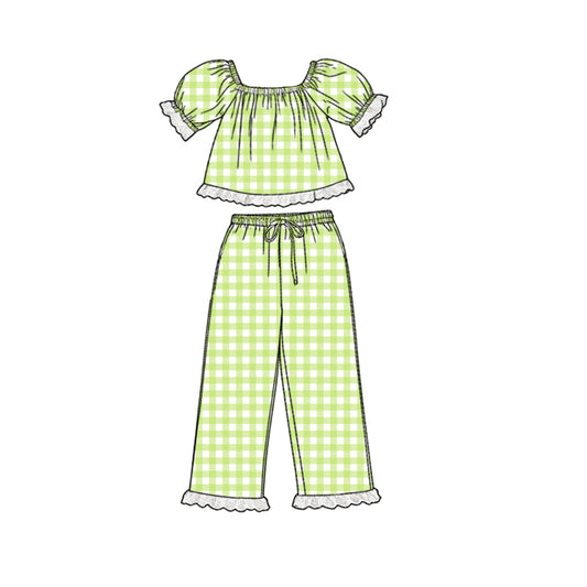 ( Moq 5 ) Preorder Baby Girls Kids Short Sleeves Green Plaid Lace Tops Pants Clothes Set
