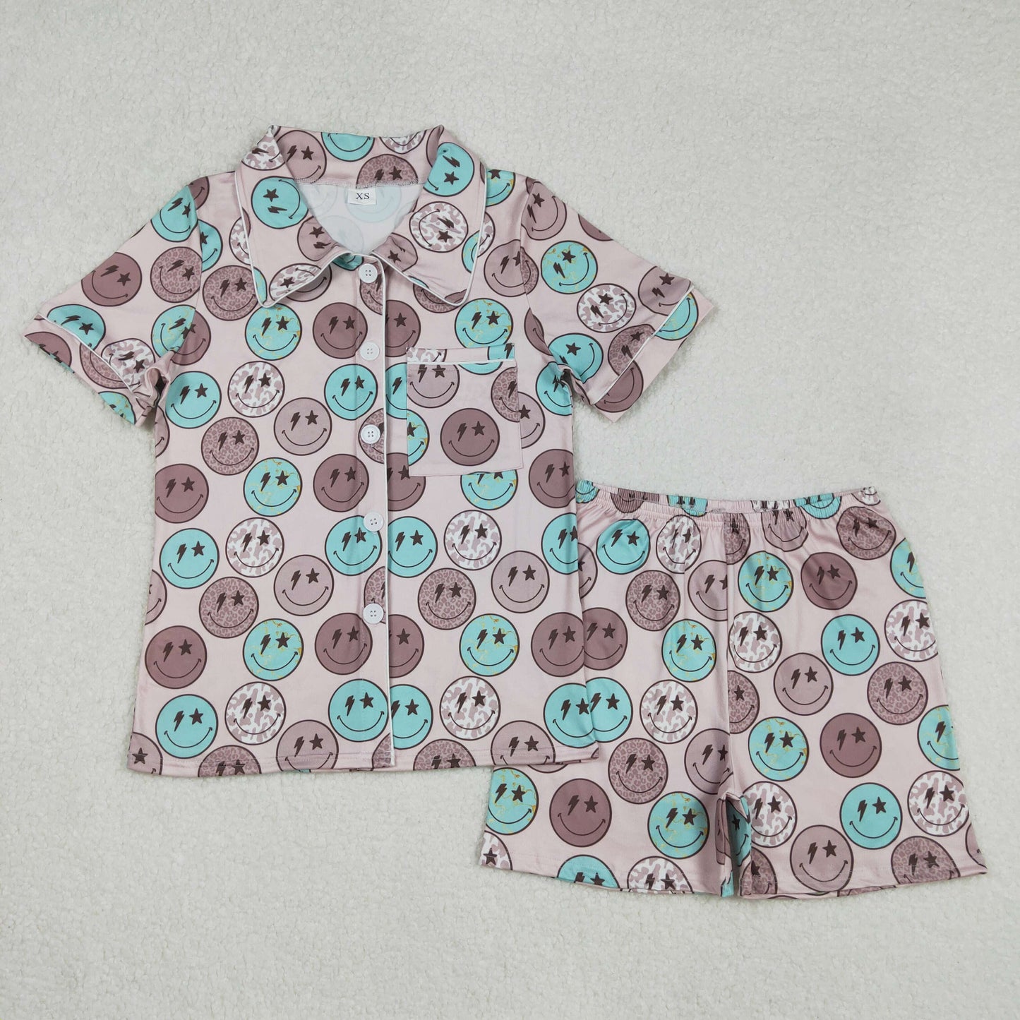 Adult Women Short Sleeves Smile Buttons Shirt Shorts Pajamas Clothes Set RTS