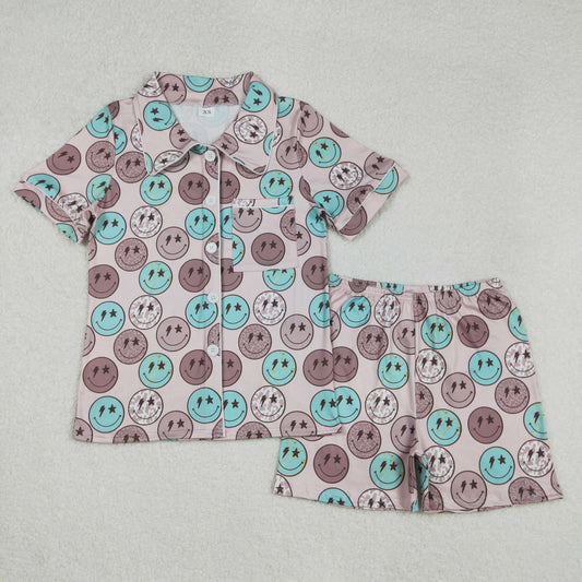 Adult Women Short Sleeves Smile Buttons Shirt Shorts Pajamas Clothes Set RTS