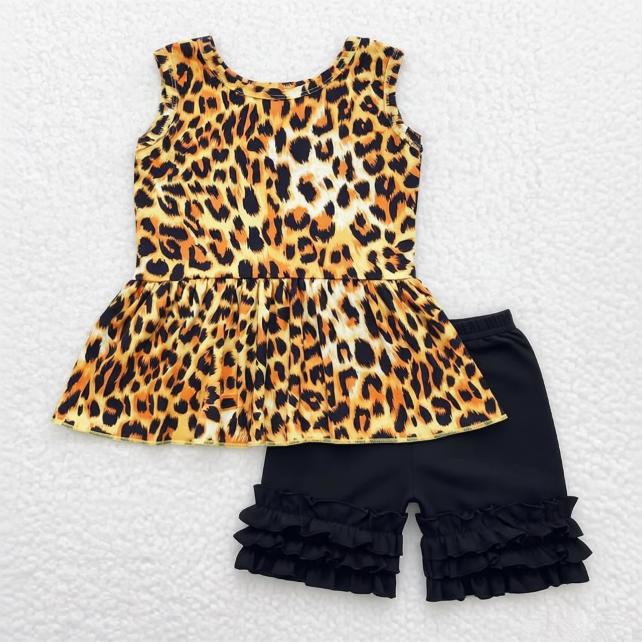 Baby Girls Kids Sleeveless Leopard Tops Black Ruffle Shorts Summer Set Clothes RTS