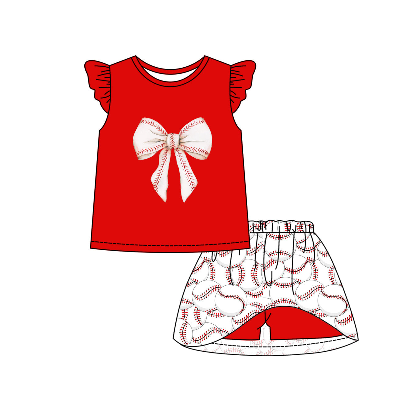 Baby Girl Short Sleeves Bow Red Shirt Skirt Shorts Skort Baseball Set ( Moq 5 ) 12.10