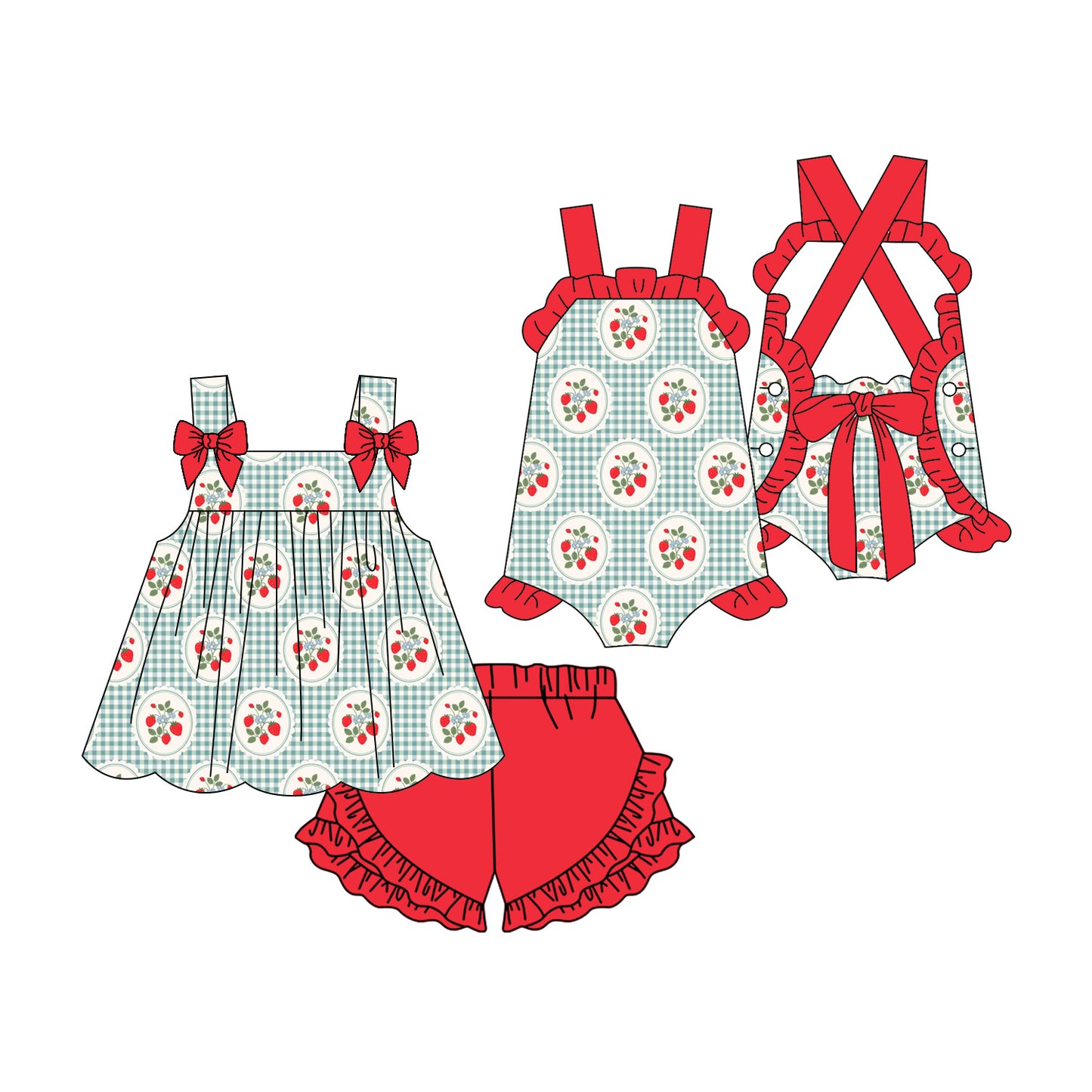 ( Moq 5 Each Style ) Sibling Baby Girls Kids Strawberry Plaid Tops Shorts Summer Set Romper