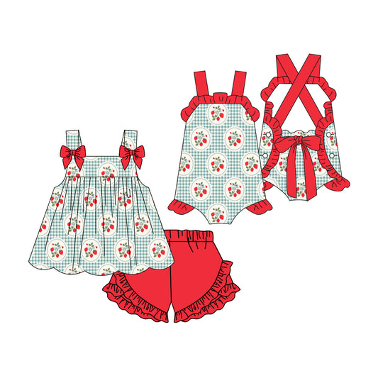 ( Moq 5 Each Style ) Sibling Baby Girls Kids Strawberry Plaid Tops Shorts Summer Set Romper
