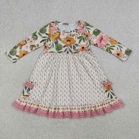 Baby Girls Kids Long Sleeves Plaid Flower Knee Length Pockets Ruffle Dress RTS