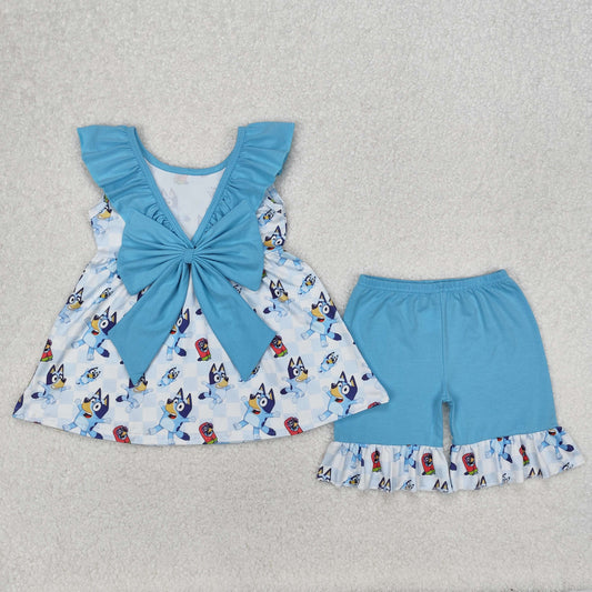Baby Girl Dogs Checked Tunic Ruffle Blue Shorts Clothes Set RTS