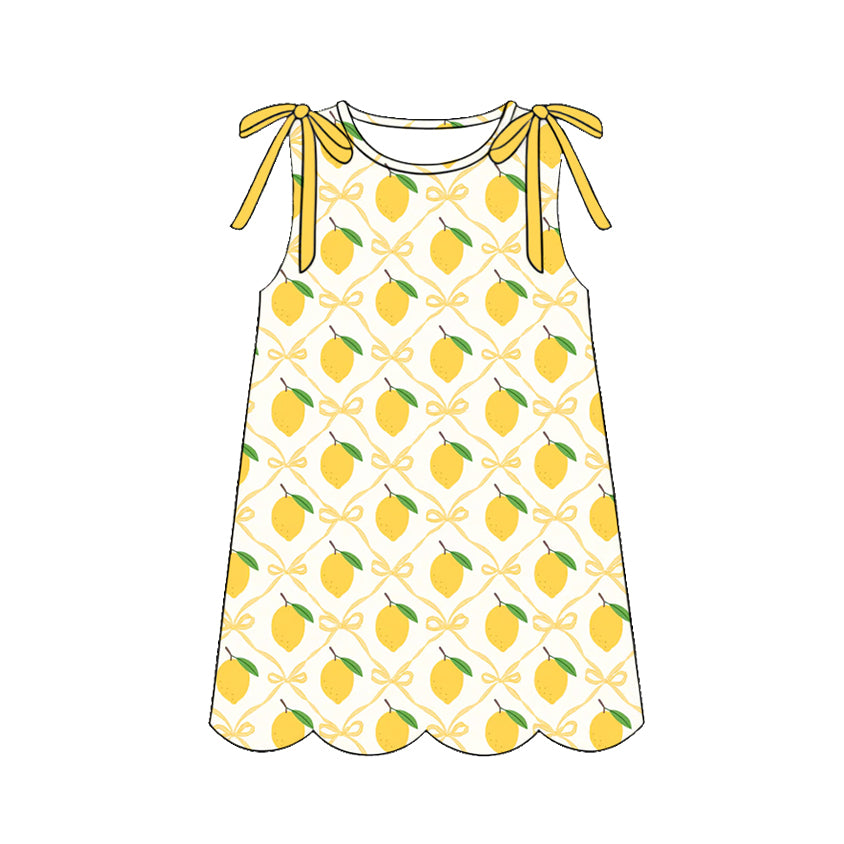 ( Moq 5 ) Preorder Baby Girls Kids Sleeveless Yellow Bows Lemons Scallop Knee Length Dress