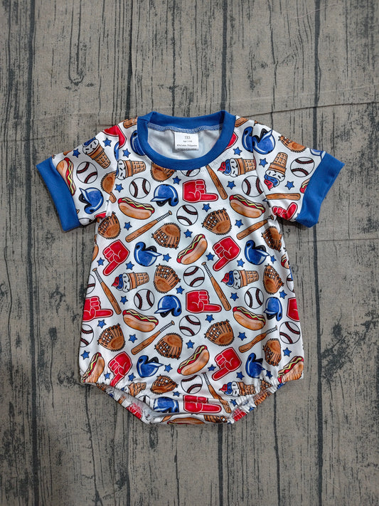 ( No moq ) Preorder Baby Boys Infant Short Sleeves Baseball Summer Blue Bubble Romper