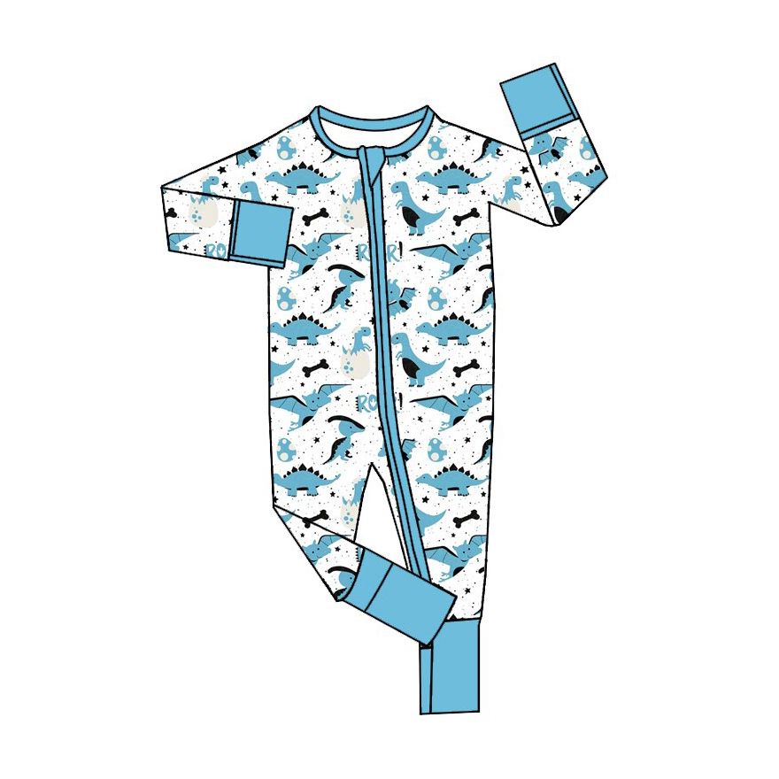 ( Moq 5 ) Preorder Baby Boys Kids Long Sleeves Dinosaurs Zipper Footie Romper Blue Clothes
