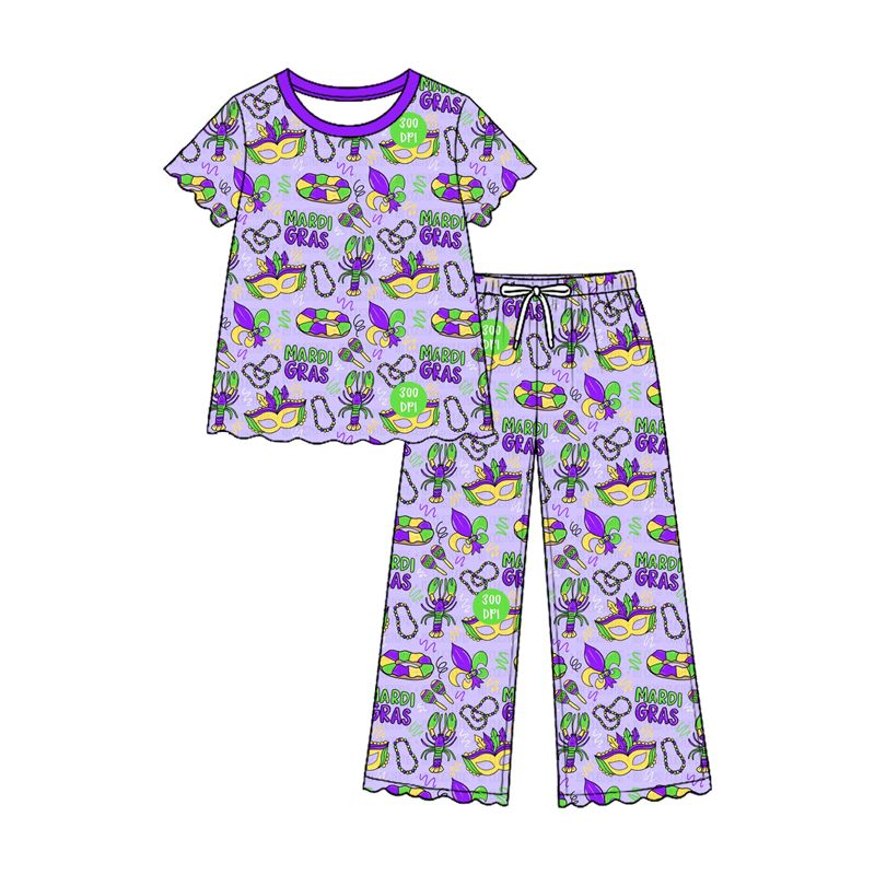 ( Moq 5 ) Preorder Baby Girls Kids Crawfish Anchors Masks Mardi Gras Shirt Pants Set Clothes