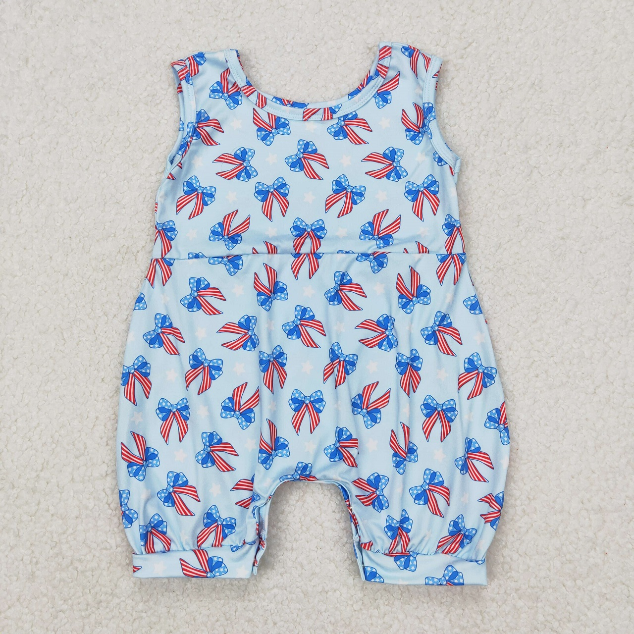 Baby Girl Infant Sleeveless 4th Of July Bows Blue Sibling Romper Dress RTS