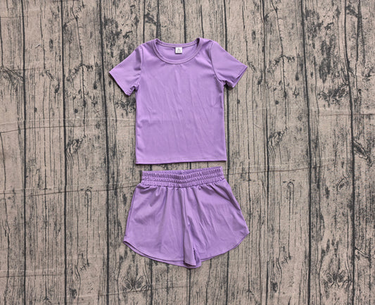 ( No moq ) Preorder Baby Girls Kids Short Sleeves Shirt Skirt Shorts Yoga Active Set Purple Clothes