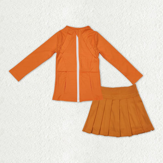 Kids Girls Long Sleeves Zipper Pockets Cardigan Orange Shorts Skirt Yoga Active Set RTS