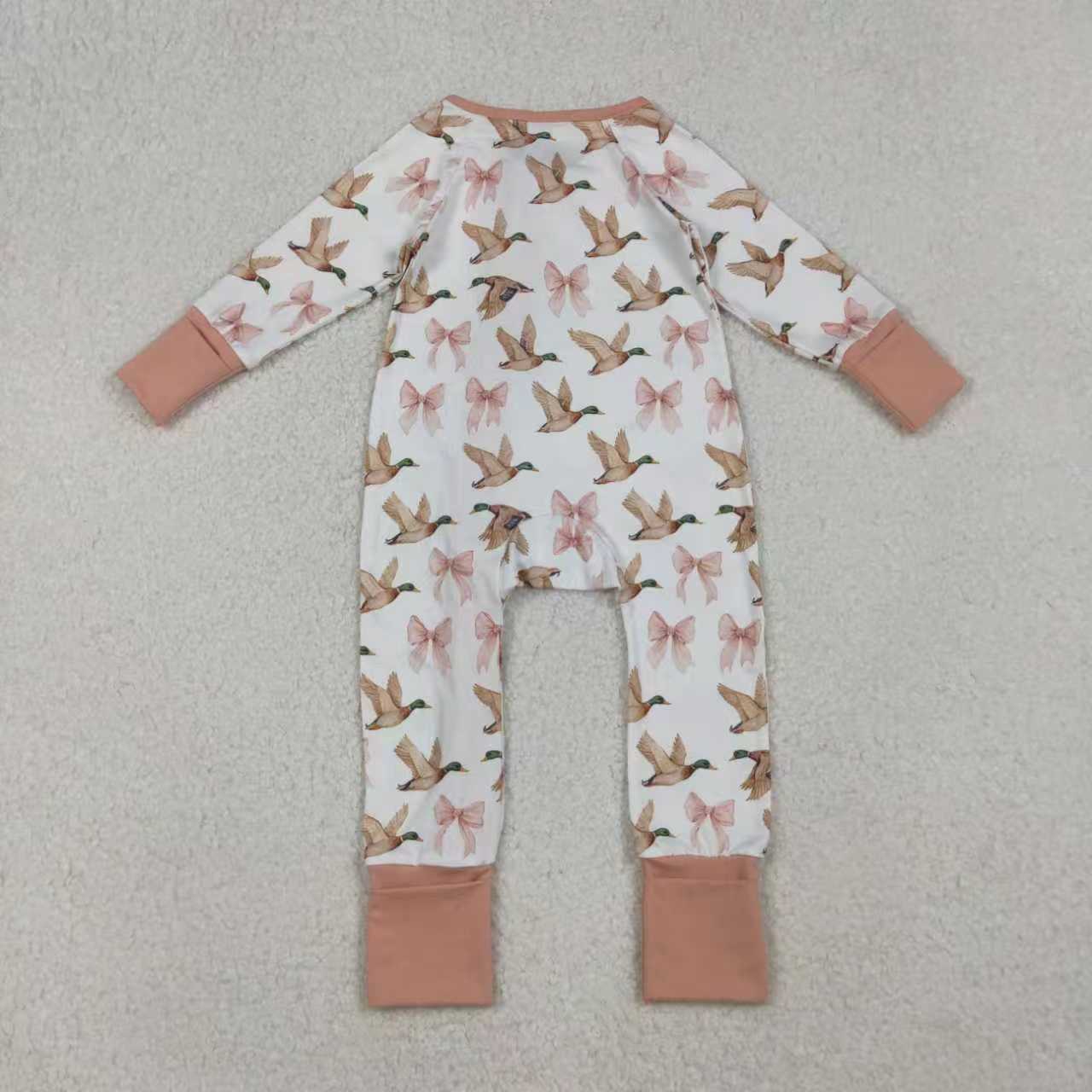 Sibling Baby Girl Long Sleeves Ducks Pink Bows Pajamas Zipper Romper Set RTS