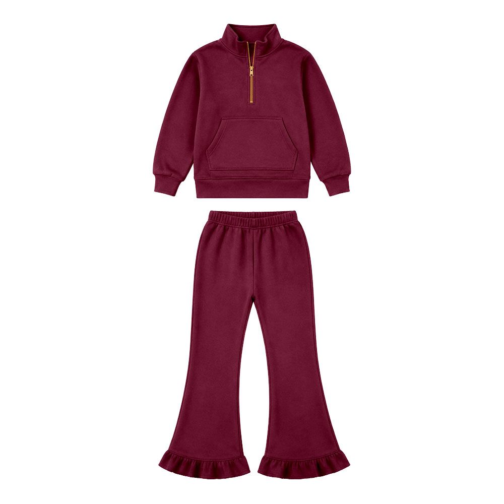 ( Moq 5 ) Preorder Baby Girls Kids Long Sleeves Dark Red Zipper Pocket Shirt Pants Set Clothes