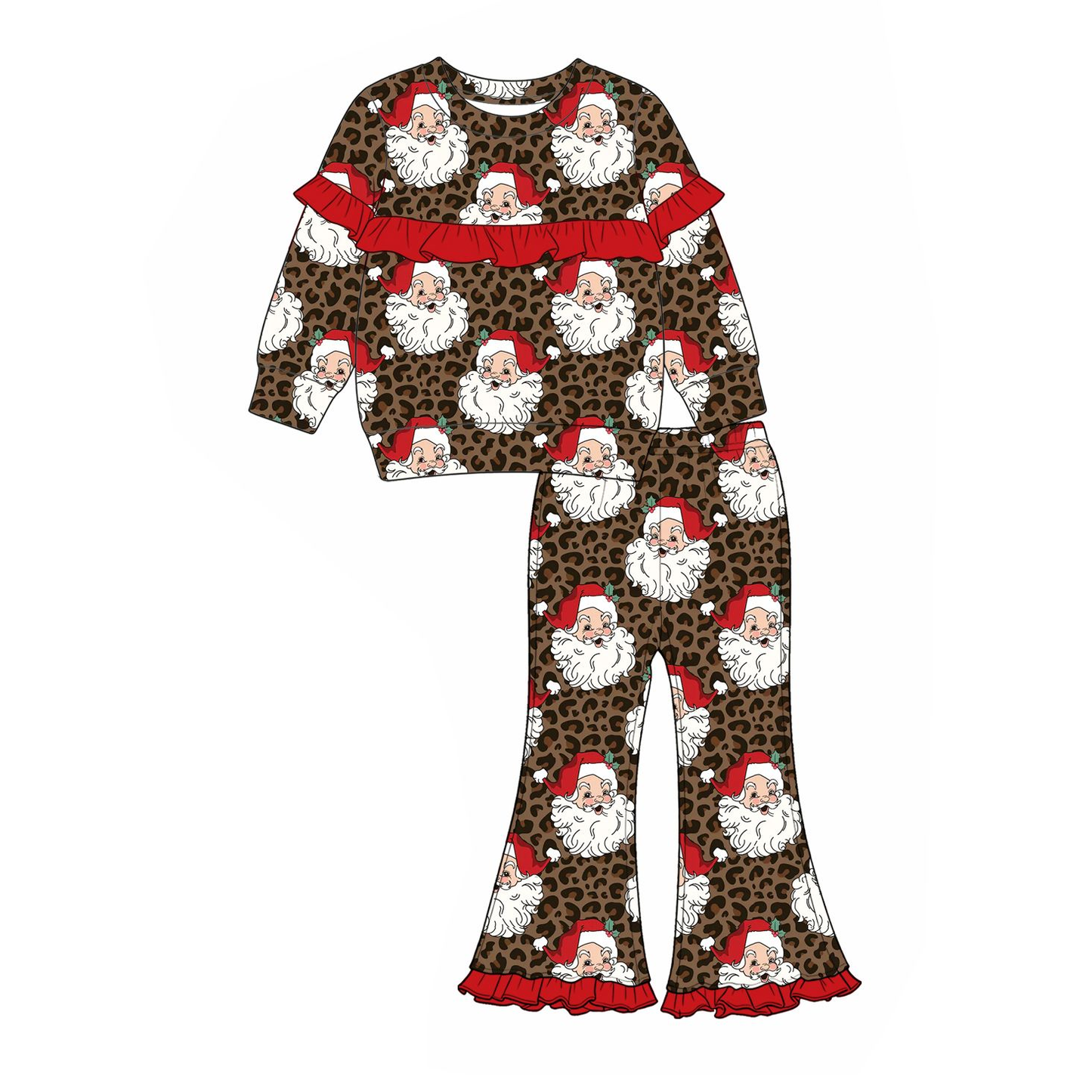 ( Moq 5 ) Preorder Baby Girls Kids Christmas Santa Leopard Shirt Bell Pants Set Clothes