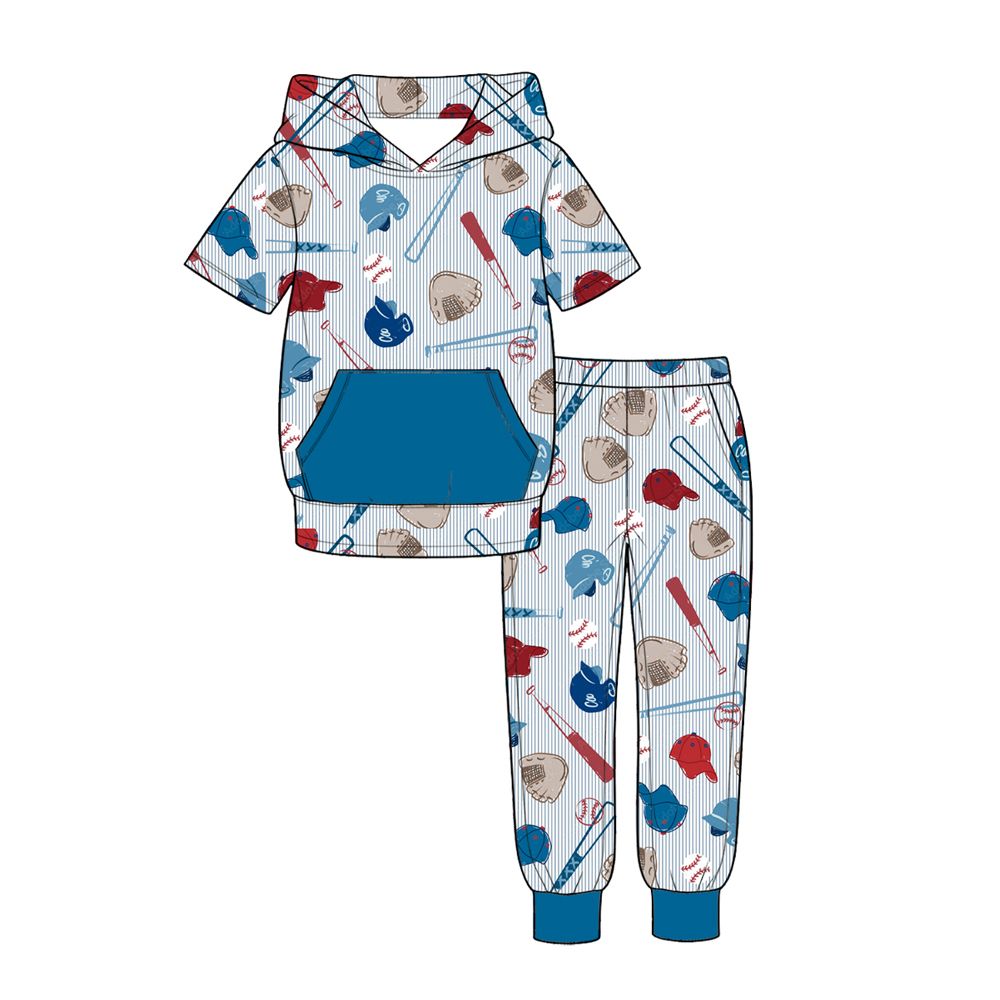 ( Moq 5 ) Preorder Baby Boys Kids Baseball Stripes Hoodie Shirt Blue Pocket Pants Set Clothes