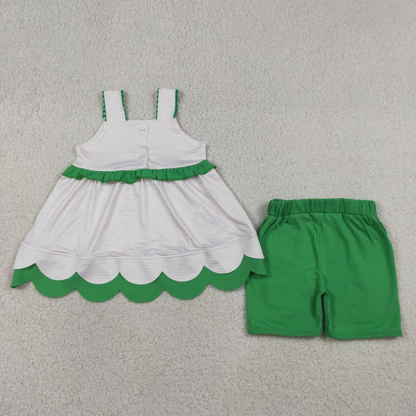 Baby Girls Kids Straps Embroidery Watermelon Tunic Green Shorts Clothes Set RTS