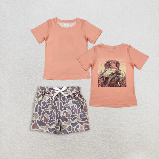 Baby Boy Short Sleeves Hunting Dog Duck Shirt Camo Pockets Shorts Set RTS