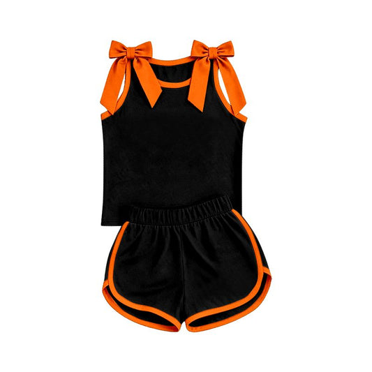 ( Moq 5 ) Preorder Baby Girls Kids Orange Bows Shirt Shorts Black Set Summer Clothes