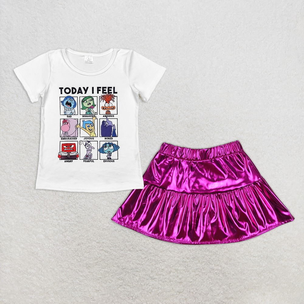 Baby Girl Short Sleeves Cartoon Shirt Purple Leather Skirt Set RTS