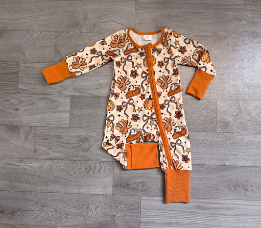 ( No moq ) Preorder Baby Girls Kids Long Sleeves Pumpkins turkey Bows Zipper Footie Sleeper Fall Romper