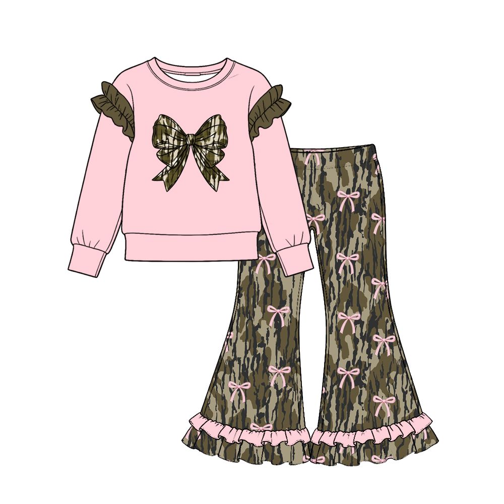 ( Moq 5 ) Preorder Baby Girls Kids Long Sleeves Pink Shirt Bows Ruffle Pants Camo Set Clothes