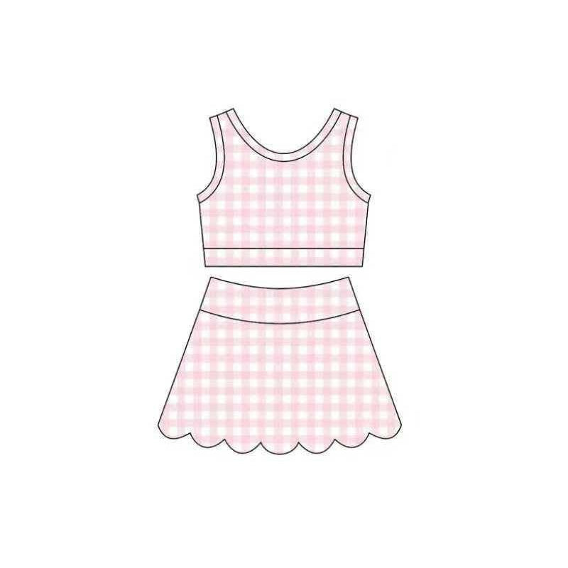 ( Moq 5 ) Preorder Baby Girls Kids Pink Plaid Shirt Scallop Skirt Shorts Yoga Active Set Clothes