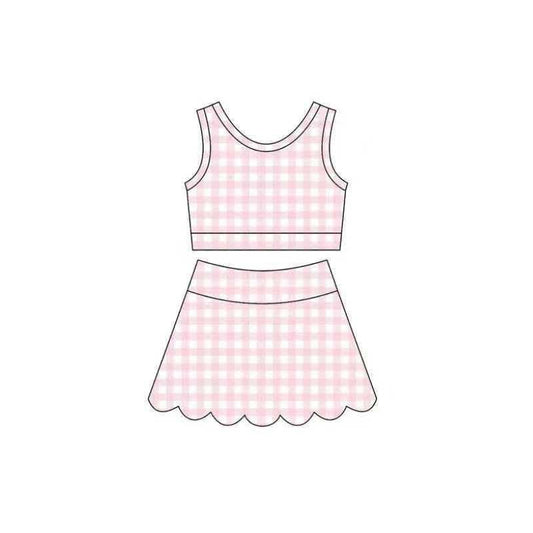 ( Moq 5 ) Preorder Baby Girls Kids Pink Plaid Shirt Scallop Skirt Shorts Yoga Active Set Clothes