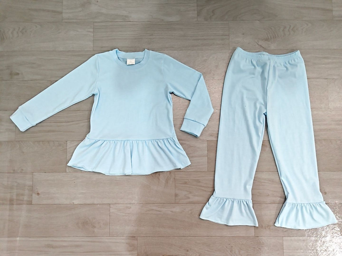 ( No moq ) Preorder Baby Girls Kids Long Sleeves Ruffle Tops Pants Blue Set Cotton Clothes