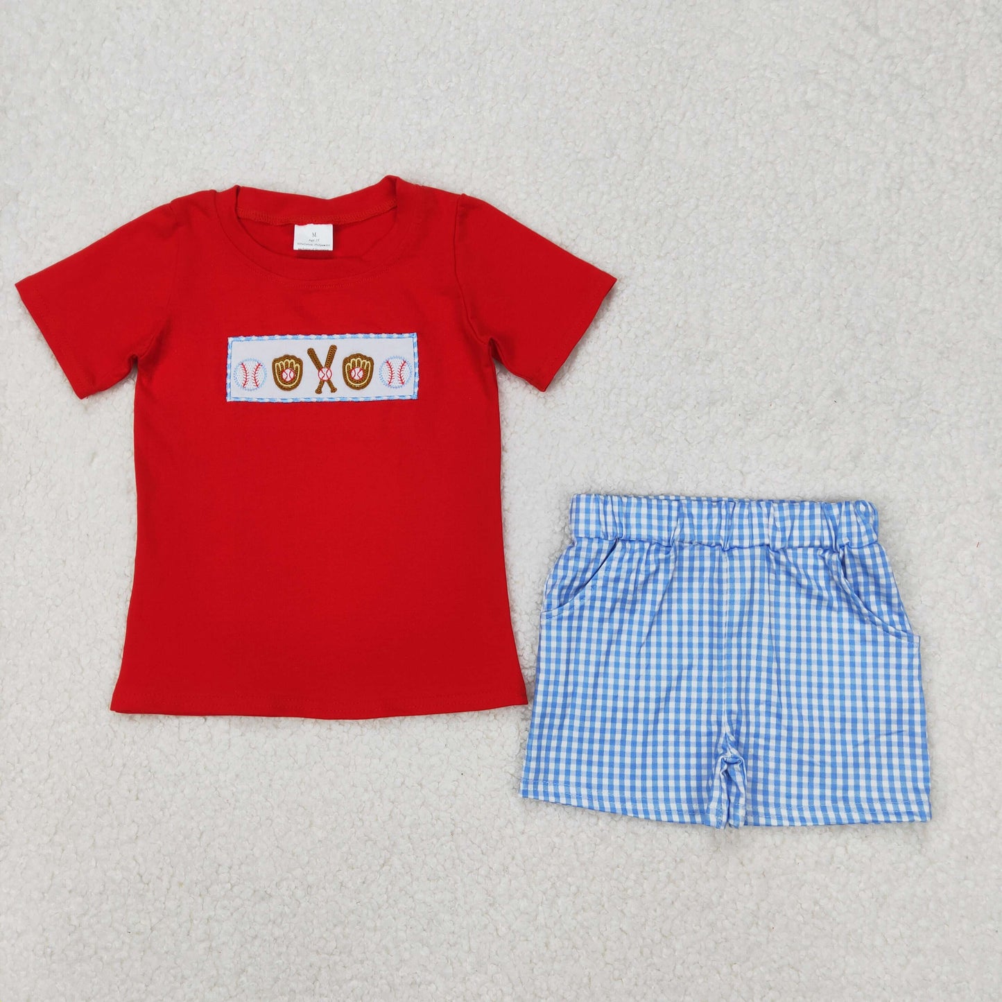 Baby Boy Red Short Sleeves Embroidery Baseball Shirt Plaid Shorts Clothes Set RTS